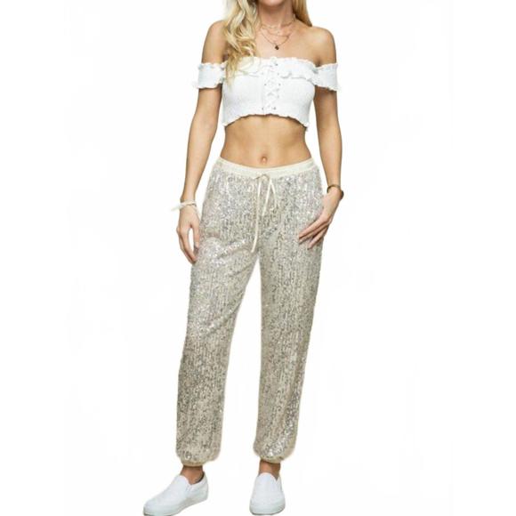 NEW LEVEE elastic waist band sequin joggers in champagne - Picture 1 of 5
